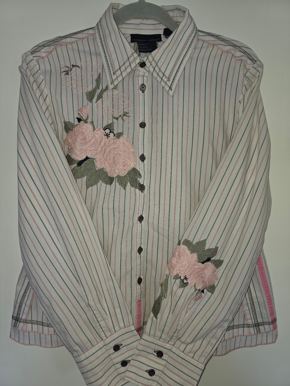 Kapalua Embroidered Pink Rose Stripe Button-Up Shirt Size 10